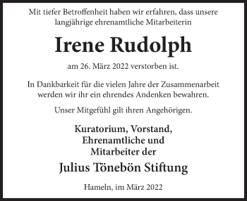 Traueranzeige von Irene Rudolph von Deister- und Weserzeitung