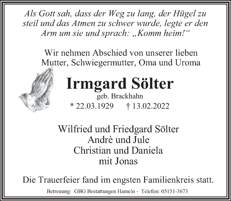  Traueranzeige für Irmgard Sölter vom 07.03.2022 aus Deister- und Weserzeitung