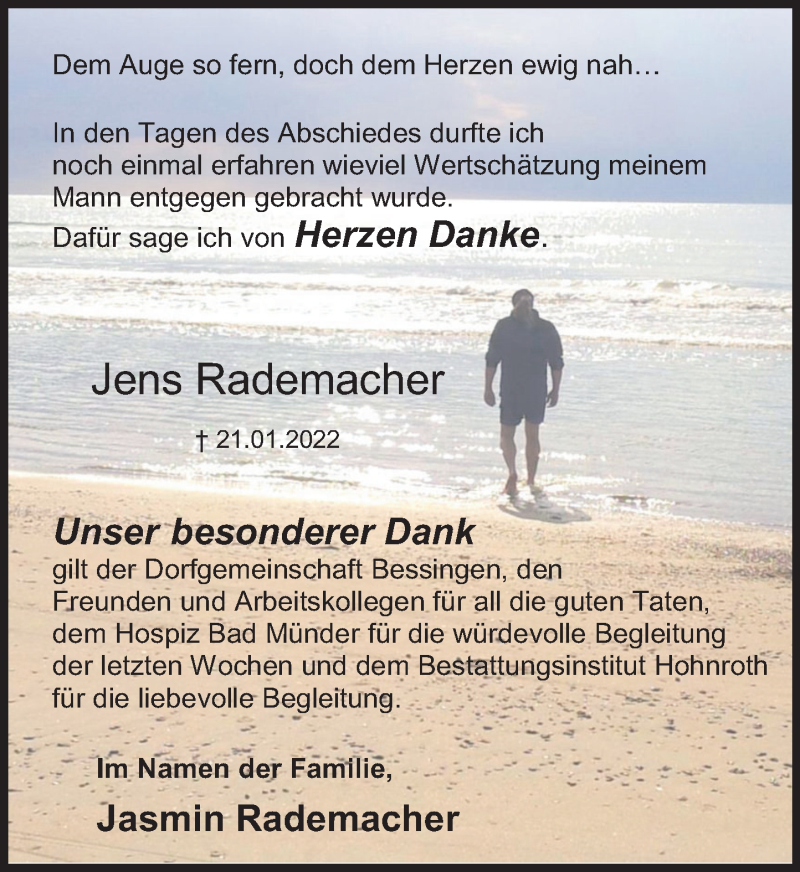  Traueranzeige für Jens Rademacher vom 01.04.2022 aus Deister- und Weserzeitung