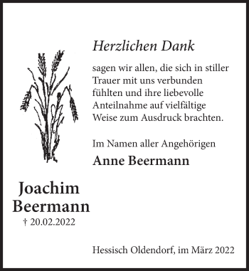 Traueranzeige von Joachim Beermann von Deister- und Weserzeitung