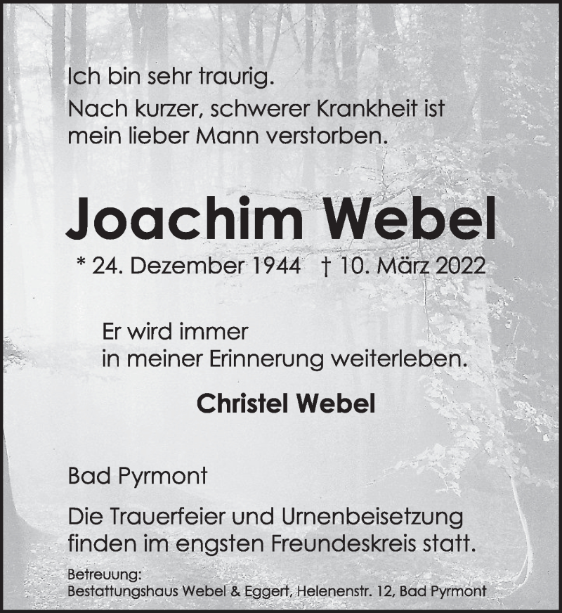  Traueranzeige für Joachim Webel vom 21.03.2022 aus Deister- und Weserzeitung