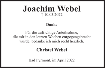 Traueranzeige von Joachim Webel von Deister- und Weserzeitung