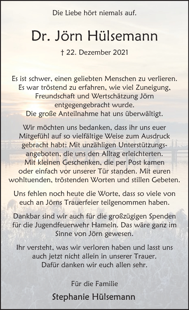  Traueranzeige für Jörn Hülsemann vom 12.03.2022 aus Deister- und Weserzeitung