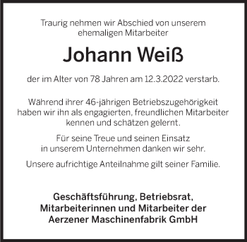 Traueranzeige von Johann Weiß von Deister- und Weserzeitung