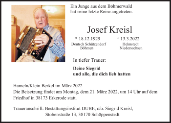 Traueranzeige von Josef Kreisl von Deister- und Weserzeitung