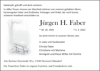 Traueranzeige von Jürgen H. Faber von Deister- und Weserzeitung