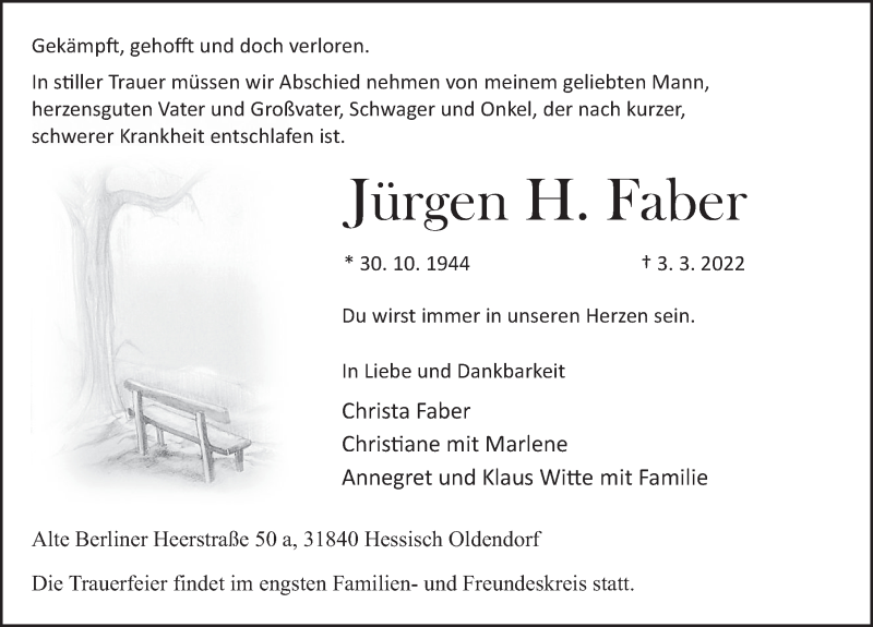 Traueranzeige für Jürgen H. Faber vom 12.03.2022 aus Deister- und Weserzeitung