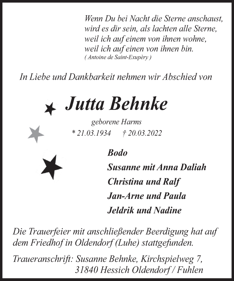  Traueranzeige für Jutta Behnke vom 02.04.2022 aus Deister- und Weserzeitung