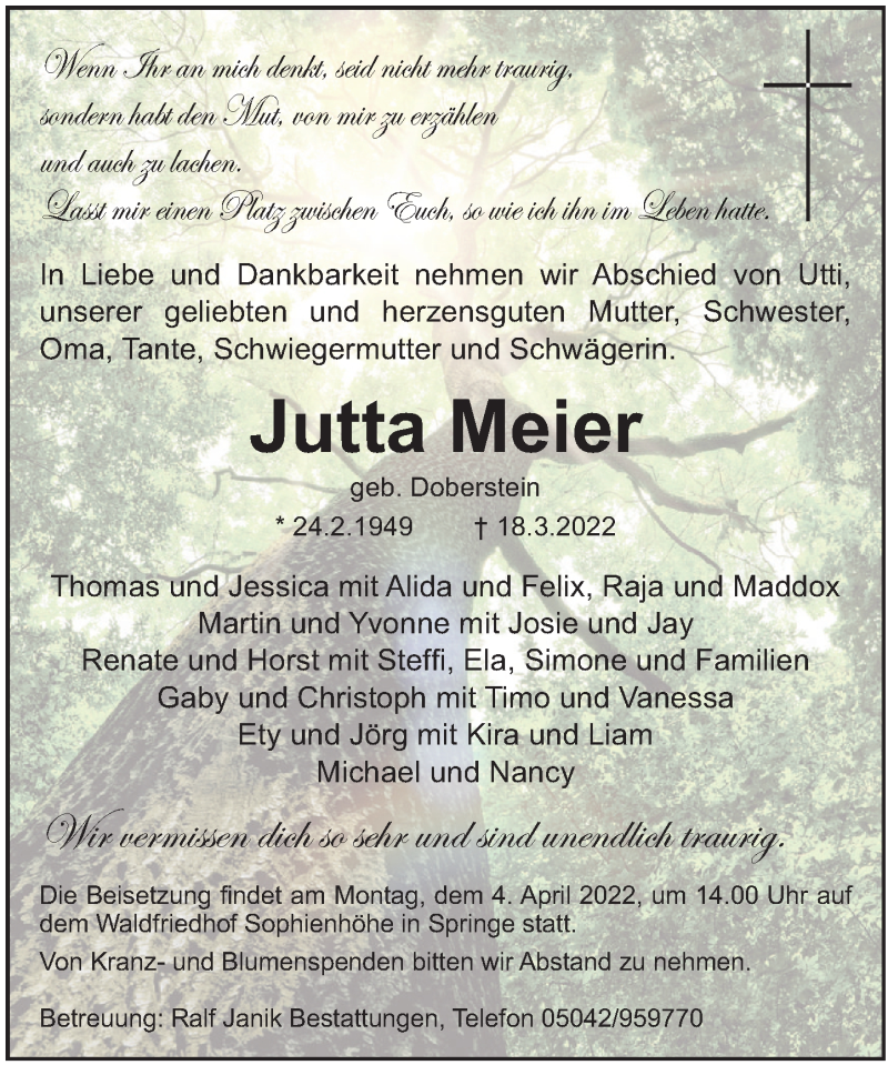  Traueranzeige für Jutta Meier vom 02.04.2022 aus Deister- und Weserzeitung
