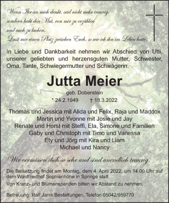 Traueranzeige von Jutta Meier von Neue Deister-Zeitung
