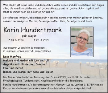 Traueranzeige von Karin Hundertmark von Deister- und Weserzeitung
