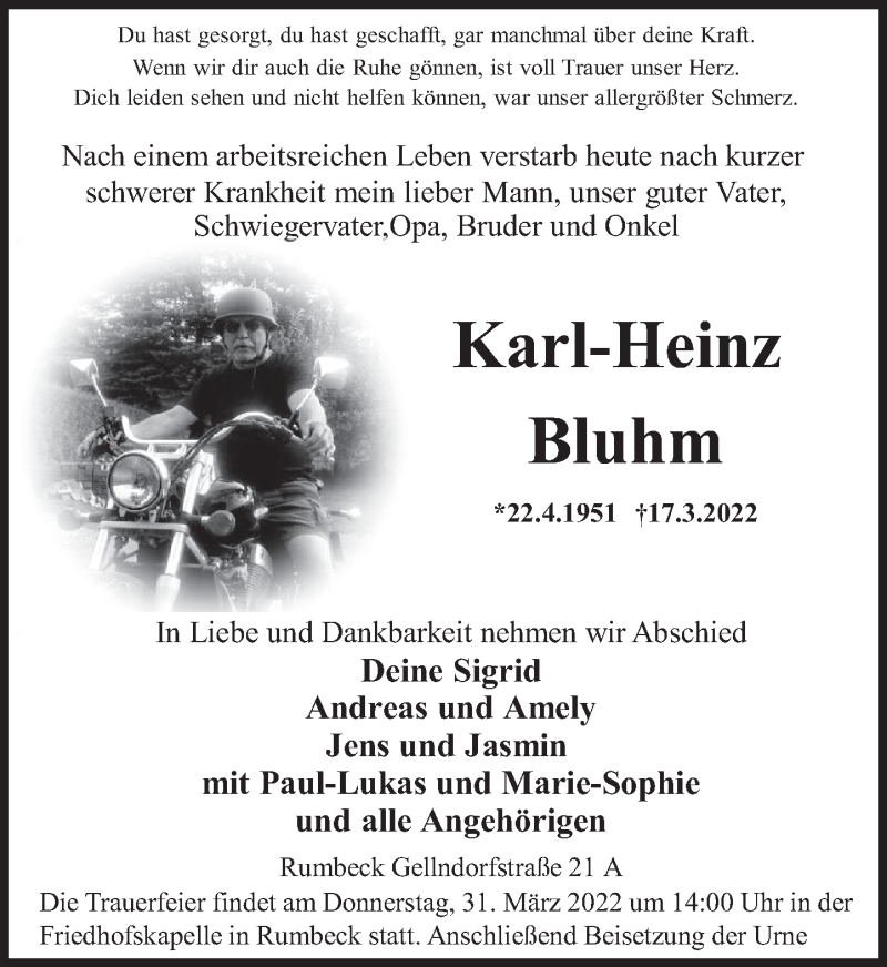  Traueranzeige für Karl-Heinz Bluhm vom 26.03.2022 aus Deister- und Weserzeitung