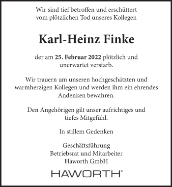 Traueranzeige von Karl-Heinz Finke von Neue Deister-Zeitung