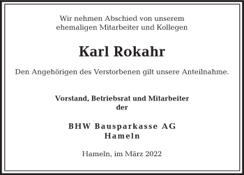 Traueranzeige von Karl Rokahr von Deister- und Weserzeitung