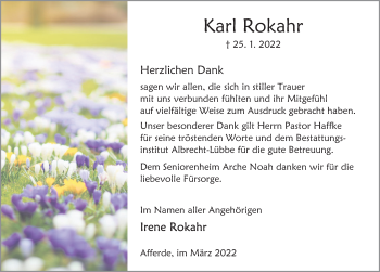 Traueranzeige von Karl Rokahr von Deister- und Weserzeitung