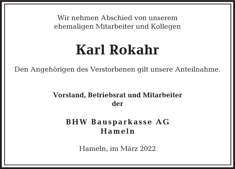  Traueranzeige für Karl Rokahr vom 17.03.2022 aus Deister- und Weserzeitung