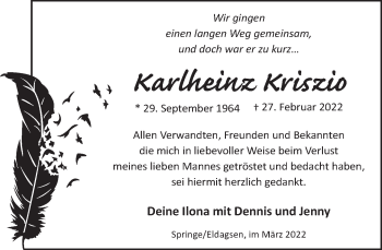 Traueranzeige von Karlheinz Kriszio von Neue Deister-Zeitung
