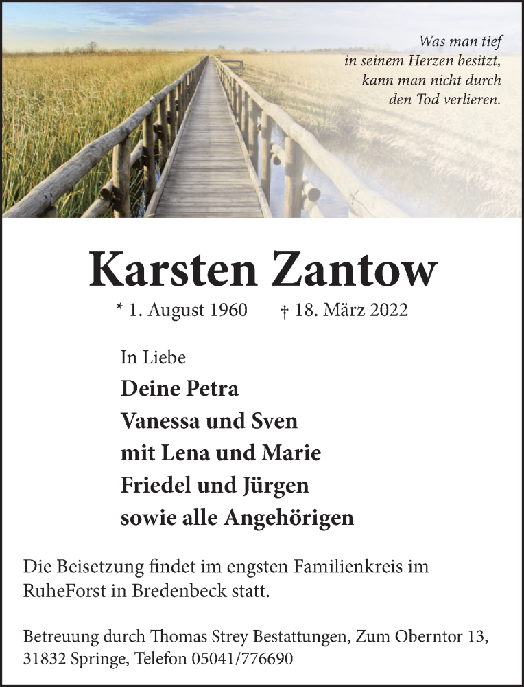  Traueranzeige für Karsten Zantow vom 26.03.2022 aus Neue Deister-Zeitung