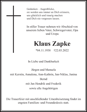 Traueranzeige von Klaus Zapke von Deister- und Weserzeitung