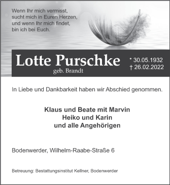 Traueranzeige von Lotte Purschke von Deister- und Weserzeitung