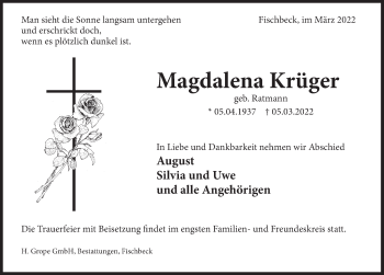 Traueranzeige von Magdalena Krüger von Deister- und Weserzeitung