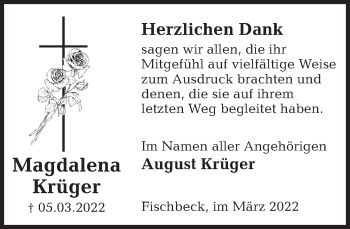 Traueranzeige von Magdalena Krüger von Deister- und Weserzeitung