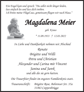 Traueranzeige von Magdalena Meier von Deister- und Weserzeitung