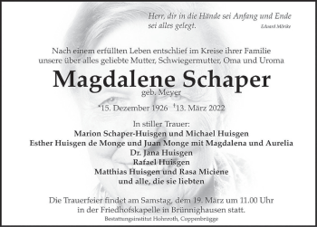 Traueranzeige von Magdalene Schaper von Deister- und Weserzeitung