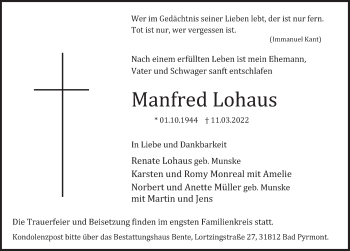 Traueranzeige von Manfred Lohaus von Deister- und Weserzeitung