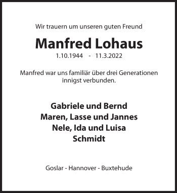 Traueranzeige von Manfred Lohaus von Deister- und Weserzeitung