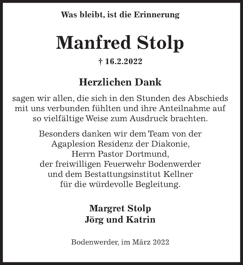  Traueranzeige für Manfred Stolp vom 12.03.2022 aus Deister- und Weserzeitung