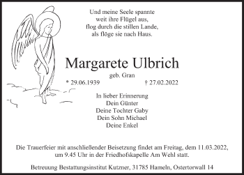 Traueranzeige von Margarete Ulbrich von Deister- und Weserzeitung