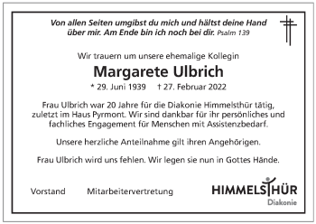 Traueranzeige von Margarete Ulbrich von Deister- und Weserzeitung