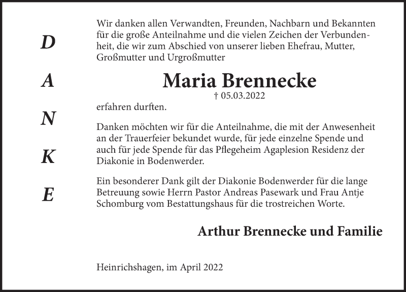  Traueranzeige für Maria Brennecke vom 02.04.2022 aus Deister- und Weserzeitung