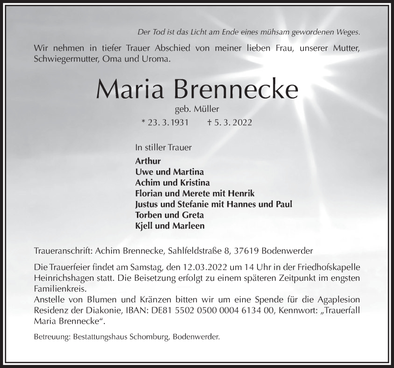  Traueranzeige für Maria Brennecke vom 08.03.2022 aus Deister- und Weserzeitung