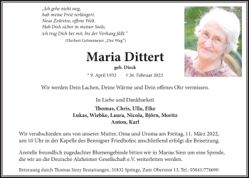 Traueranzeige von Maria Dittert von Neue Deister-Zeitung