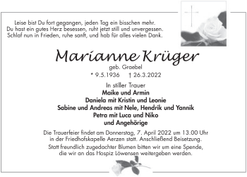 Traueranzeige von Marianne Krüger von Deister- und Weserzeitung