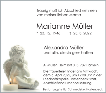 Traueranzeige von Marianne Müller von Deister- und Weserzeitung