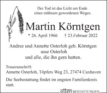 Traueranzeige von Martin Körntgen von Deister- und Weserzeitung