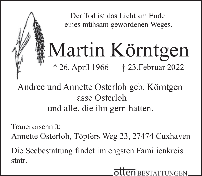  Traueranzeige für Martin Körntgen vom 05.03.2022 aus Deister- und Weserzeitung