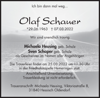 Traueranzeige von Olaf Schauer von Deister- und Weserzeitung