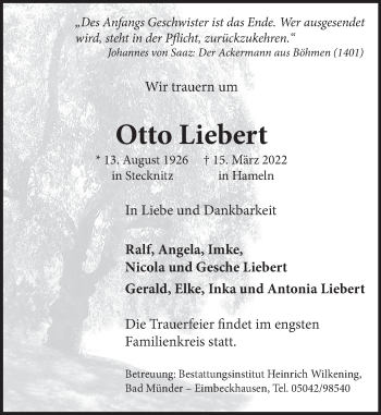 Traueranzeige von Otto Liebert von Neue Deister-Zeitung