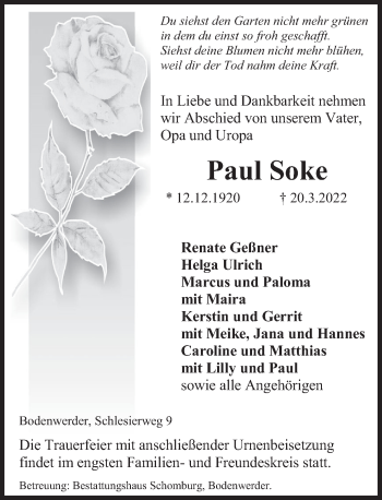 Traueranzeige von Paul Soke von Deister- und Weserzeitung