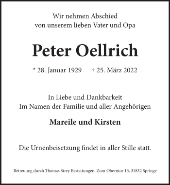 Traueranzeige von Peter Oellrich von Neue Deister-Zeitung
