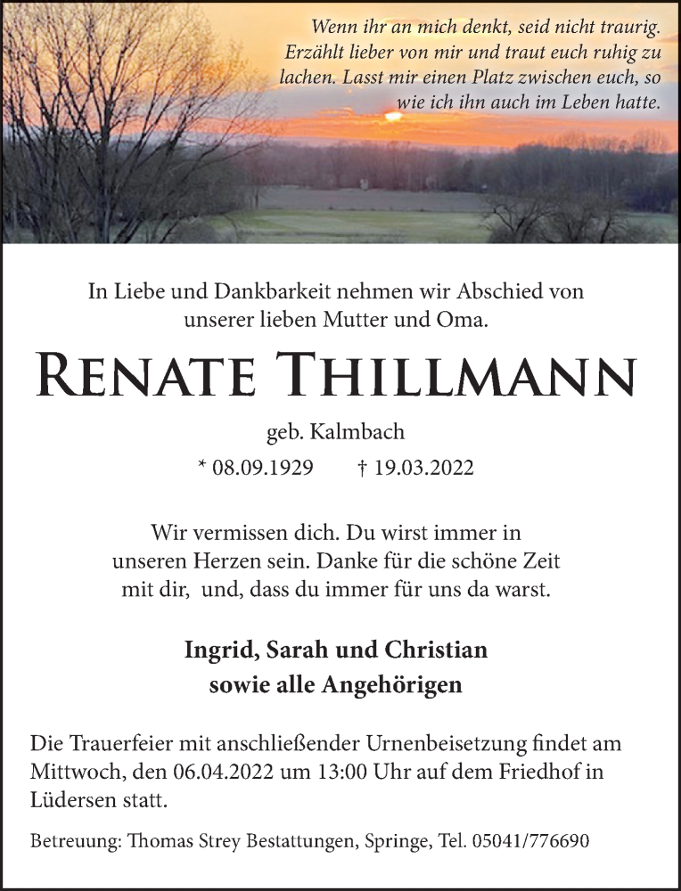  Traueranzeige für Renate Thillmann vom 26.03.2022 aus Neue Deister-Zeitung