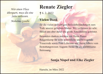 Traueranzeige von Renate Ziegler von Deister- und Weserzeitung