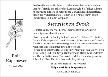 Traueranzeige von Rolf Kappmeyer von Deister- und Weserzeitung