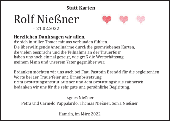 Traueranzeige von Rolf Nießner von Deister- und Weserzeitung