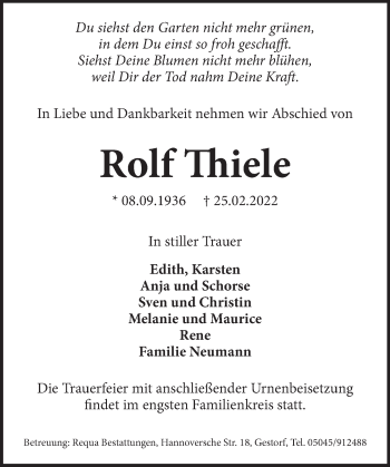 Traueranzeige von Rolf Thiele von Neue Deister-Zeitung