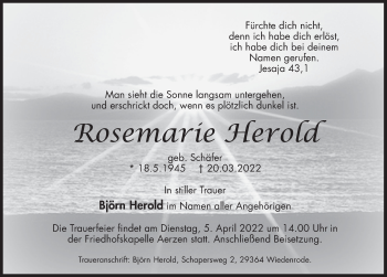 Traueranzeige von Rosemarie Herold von Deister- und Weserzeitung